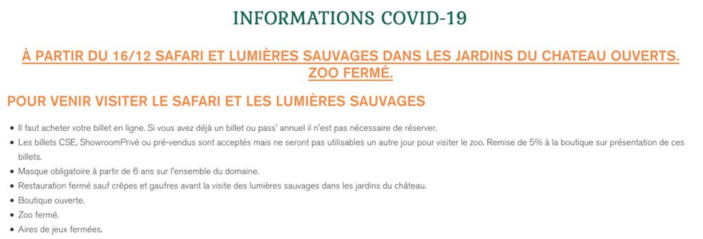 re-ouverture du zoo safari de thoiry pour noel 2020 magre covid : liste des conditions et billets