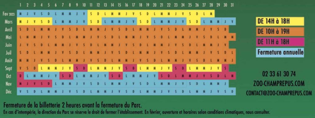 calendrier d'ouverture zoo de Champrepus : jours et horaires d'ouverture et fermeture