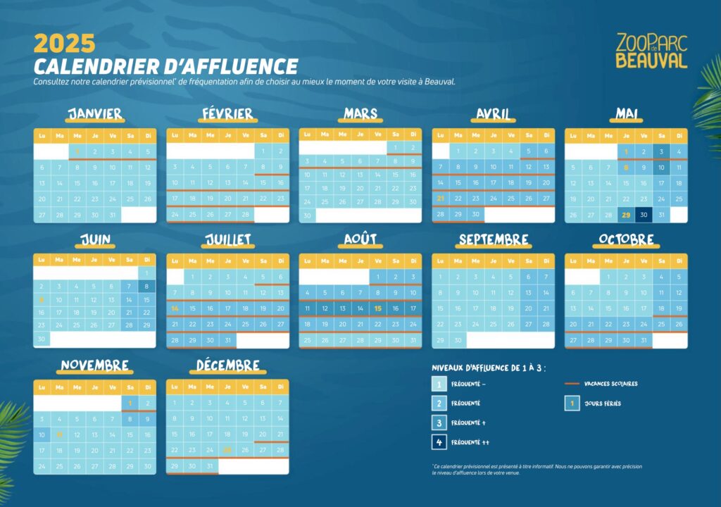 calendrier affluence Beauval 2025 : fréquentation jour par jour mois année 2025