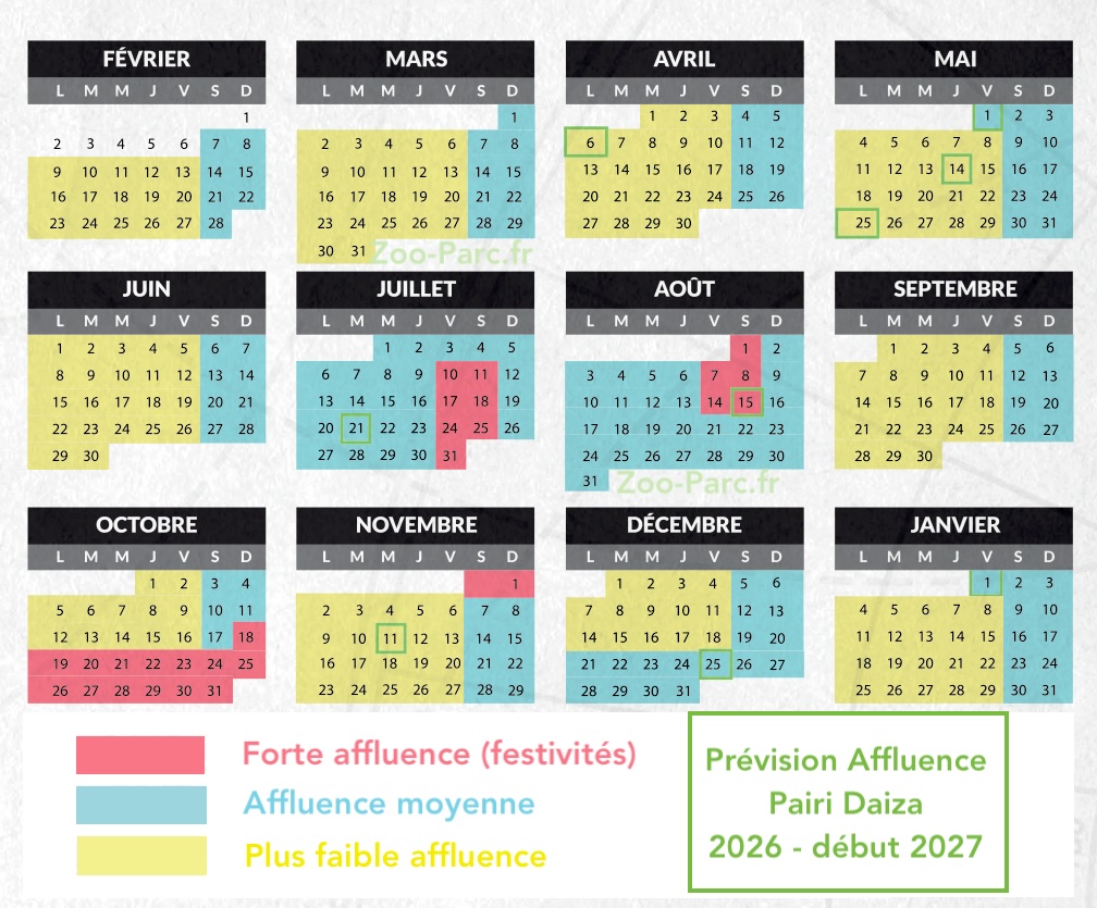 Prévision d'affluence Pairi Daiza 2026 , calendrier de fréquentation journaliere