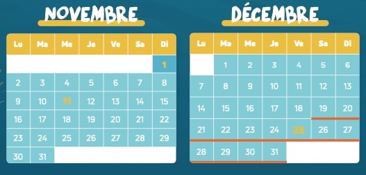 calendrier journalier niveau de fréquentation novembre et décembre 2026 au parc animalier de Beauval